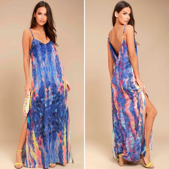 Lulus Dresses & Skirts - Lulu’s Flying Watercolors Royal Blue Print Maxi Dress Size S